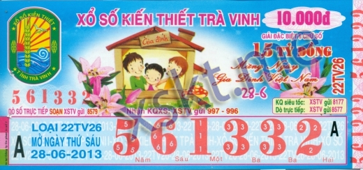 Mẫu vé sô xổ số Trà Vinh ngày 28/6/2013