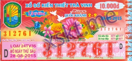 Mẫu vé sô xổ số Trà Vinh ngày 28/8/2015