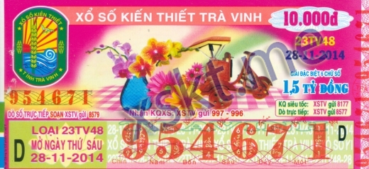 Mẫu vé sô xổ số Trà Vinh ngày 28/11/2014