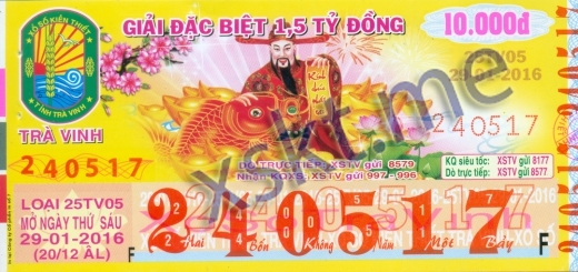 Mẫu vé sô xổ số Trà Vinh ngày 29/1/2016