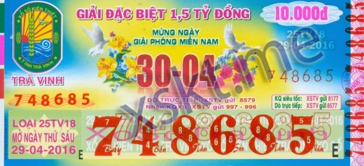 Mẫu vé sô xổ số Trà Vinh ngày 29/4/2016