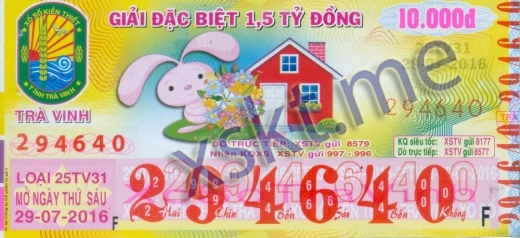 Mẫu vé sô xổ số Trà Vinh ngày 29/7/2016