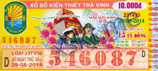 Mẫu vé sô xổ số Trà Vinh ngày 29/8/2014