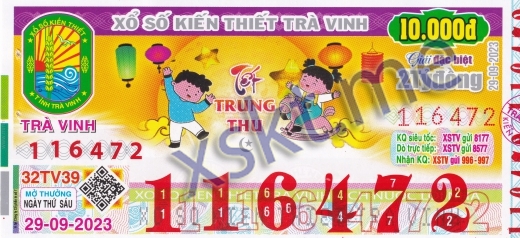 Mẫu vé sô xổ số Trà Vinh ngày 29/9/2023