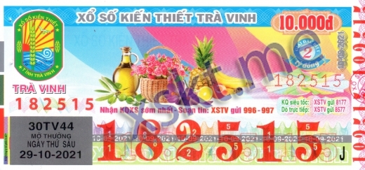 Mẫu vé sô xổ số Trà Vinh ngày 29/10/2021