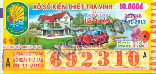 Mẫu vé sô xổ số Trà Vinh ngày 29/11/2013