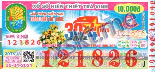 Mẫu vé sô xổ số Trà Vinh ngày 30/4/2021