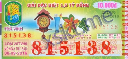 Mẫu vé sô xổ số Trà Vinh ngày 30/9/2016