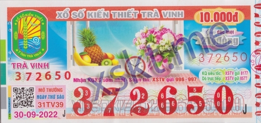 Mẫu vé sô xổ số Trà Vinh ngày 30/9/2022