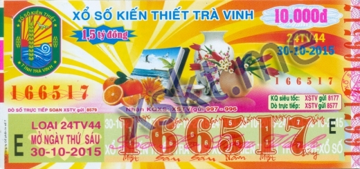 Mẫu vé sô xổ số Trà Vinh ngày 30/10/2015