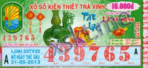 Mẫu vé sô xổ số Trà Vinh ngày 31/5/2013