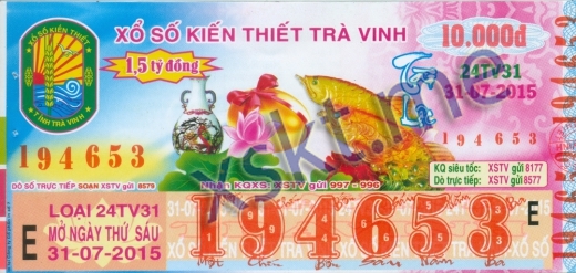 Mẫu vé sô xổ số Trà Vinh ngày 31/7/2015