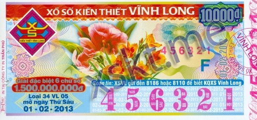 Mẫu vé sô xổ số Vĩnh Long ngày 1/2/2013