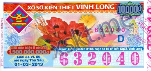 Mẫu vé sô xổ số Vĩnh Long ngày 1/3/2013