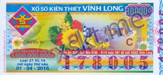Mẫu vé sô xổ số Vĩnh Long ngày 1/4/2016