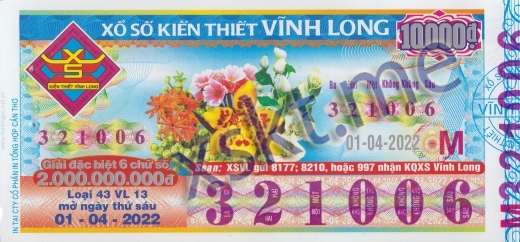 Mẫu vé sô xổ số Vĩnh Long ngày 1/4/2022