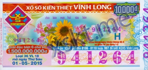 Mẫu vé sô xổ số Vĩnh Long ngày 1/5/2015