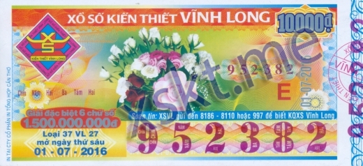 Mẫu vé sô xổ số Vĩnh Long ngày 1/7/2016