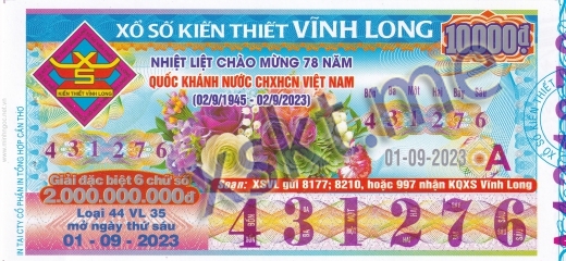 Mẫu vé sô xổ số Vĩnh Long ngày 1/9/2023