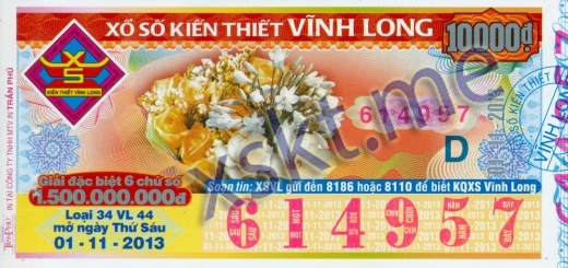 Mẫu vé sô xổ số Vĩnh Long ngày 1/11/2013