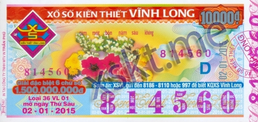 Mẫu vé sô xổ số Vĩnh Long ngày 2/1/2015