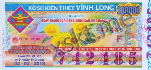 Mẫu vé sô xổ số Vĩnh Long ngày 2/2/2018