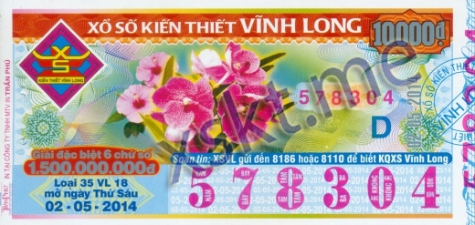 Mẫu vé sô xổ số Vĩnh Long ngày 2/5/2014