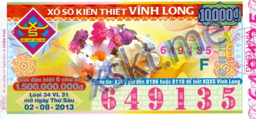 Mẫu vé sô xổ số Vĩnh Long ngày 2/8/2013