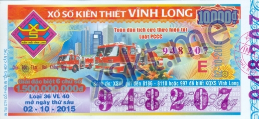 Mẫu vé sô xổ số Vĩnh Long ngày 2/10/2015