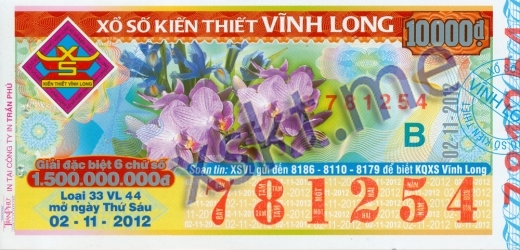 Mẫu vé sô xổ số Vĩnh Long ngày 2/11/2012