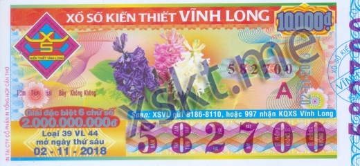 Mẫu vé sô xổ số Vĩnh Long ngày 2/11/2018