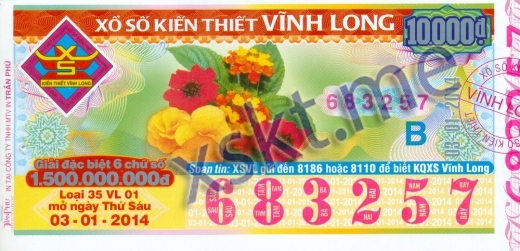 Mẫu vé sô xổ số Vĩnh Long ngày 3/1/2014