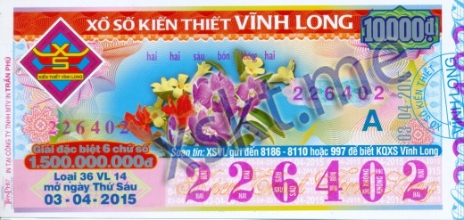 Mẫu vé sô xổ số Vĩnh Long ngày 3/4/2015