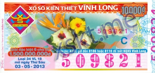 Mẫu vé sô xổ số Vĩnh Long ngày 3/5/2013