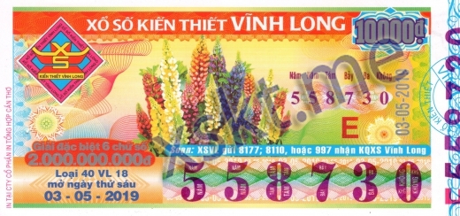 Mẫu vé sô xổ số Vĩnh Long ngày 3/5/2019