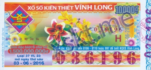 Mẫu vé sô xổ số Vĩnh Long ngày 3/6/2016
