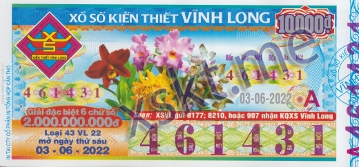Mẫu vé sô xổ số Vĩnh Long ngày 3/6/2022
