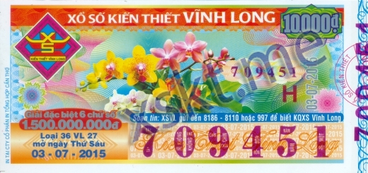 Mẫu vé sô xổ số Vĩnh Long ngày 3/7/2015