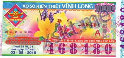 Mẫu vé sô xổ số Vĩnh Long ngày 3/8/2018