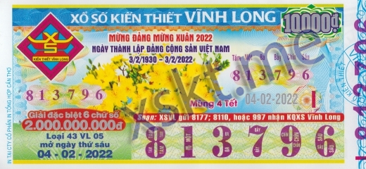 Mẫu vé sô xổ số Vĩnh Long ngày 4/2/2022