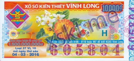 Mẫu vé sô xổ số Vĩnh Long ngày 4/3/2016