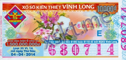 Mẫu vé sô xổ số Vĩnh Long ngày 4/4/2014