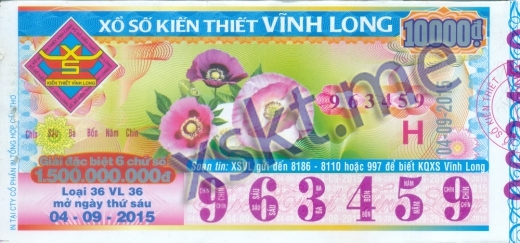 Mẫu vé sô xổ số Vĩnh Long ngày 4/9/2015