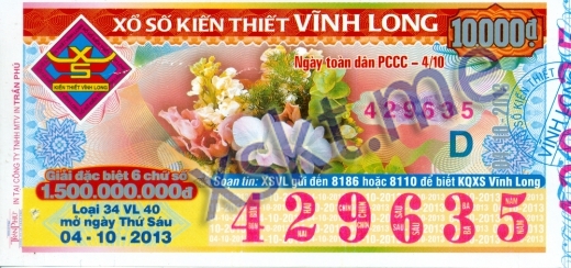 Mẫu vé sô xổ số Vĩnh Long ngày 4/10/2013