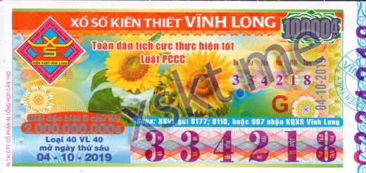 Mẫu vé sô xổ số Vĩnh Long ngày 4/10/2019