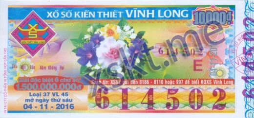 Mẫu vé sô xổ số Vĩnh Long ngày 4/11/2016