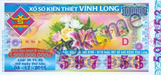 Mẫu vé sô xổ số Vĩnh Long ngày 4/12/2015