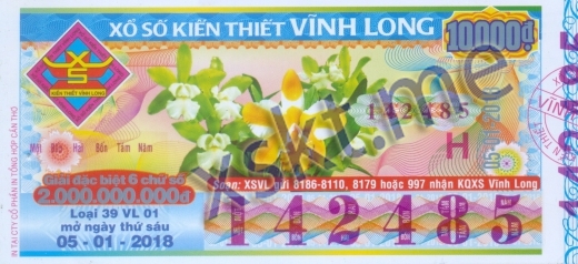 Mẫu vé sô xổ số Vĩnh Long ngày 5/1/2018