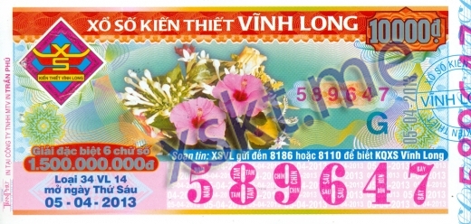 Mẫu vé sô xổ số Vĩnh Long ngày 5/4/2013
