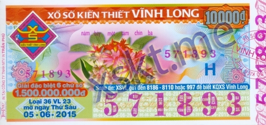 Mẫu vé sô xổ số Vĩnh Long ngày 5/6/2015